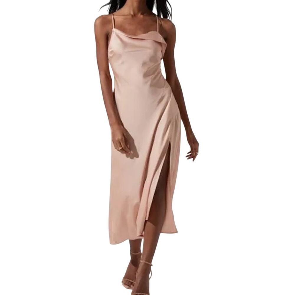 ASTR Gaia Champagne Midi Slip Dress M | Bridesmaid Wedding Guest Quiet Luxury